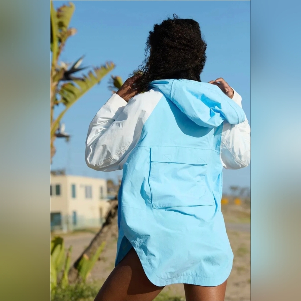 FP Movement by Free People Packable Jacket. Light Blue and White Hooded Jacket